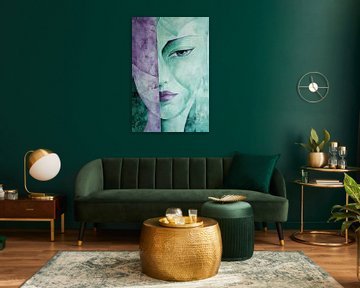 Vrouw Portret in Mint en Paars Abstracte Blik van Eva Lee