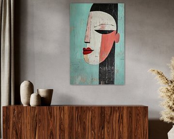 Vrouwenportret in Rustieke Abstractie met Rode Accenten