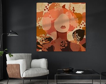70s Retro portret in terracotta en oranje vintage bloemenpatroon van Dina Dankers