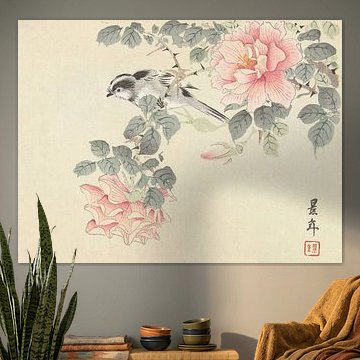 Imao Keinen – Schwarz-weißes Vögelchen zwischen rosa Rosen (1892–1911)