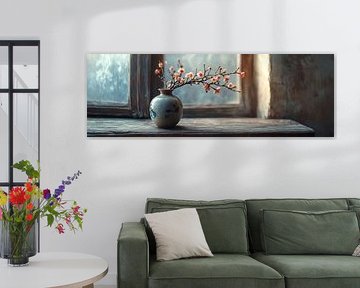Nature morte vase rond avec fleur par fenêtre panorama sur Digitale Schilderijen