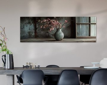 Stilleven koperen vaas met kersenbloesem op houten tafel panorama van Digitale Schilderijen