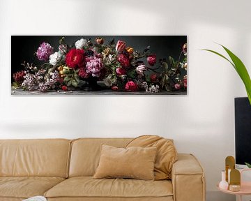 Stilleven met rode en witte bloemen panorama