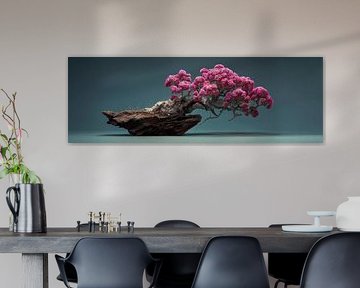 Bonsai on wood with pink flowering panorama by Digitale Schilderijen