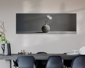 One white flower in clay vase panorama by Digitale Schilderijen