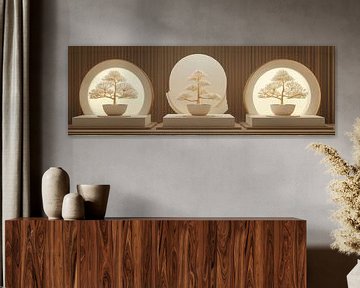 Drie bonsai’s op ronde sokkels met licht panorama van Digitale Schilderijen