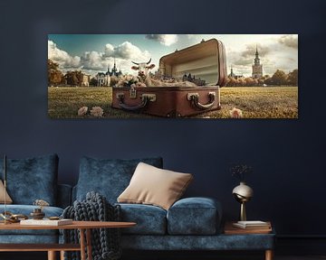 Witte koe in koffer tussen bloemen in Nederland panorama van Digitale Schilderijen