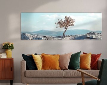 Slanke papieren boom op bergachtig landschap panorama van Digitale Schilderijen