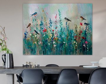 Peinture moderne avec des fleurs, des herbes et des oiseaux sur Studio Pieternel