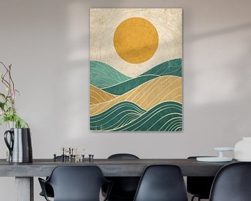 Abstract Serenity: Sun Over Rolling Hills & Waves by Artistic