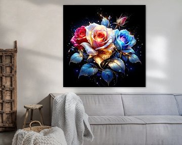 In de pracht van de koningin: rozen tussen gouden regen en symfonie van kleur - een bloemenode aan de gratie, sensualiteit en tijdloze schoonheid van de roos (2 van 3) van AidasignArt