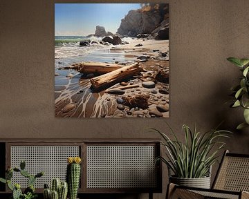 Strand drijfhout kiezels zand golven nevel zee kust
