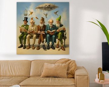 Five elderly men reading sitting on a bench surreal