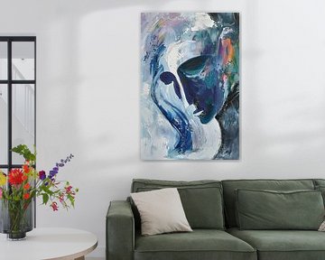 Blauw Portret | Geometrisch Gezicht Blauw van Blikvanger Schilderijen