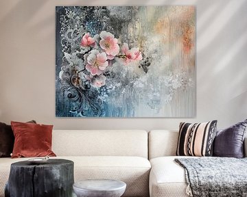 Blütenmalerei | Zartrosa Blüten und Ornamente