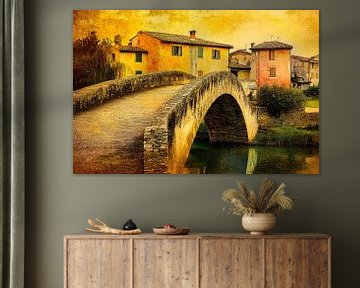 Rustieke stenen brug en huizen van Art & Soul Creations