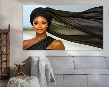 Elegante Frau mit Turban und fließendem Stoff
