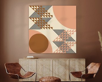 Mid century Bauhaus pattern in coral, white, brown by Dina Dankers