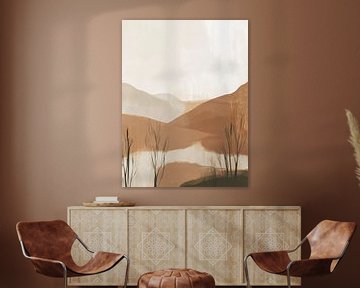 Minimalistisch landschap met heuvels en riet in aardse tinten van Dutch Art Works