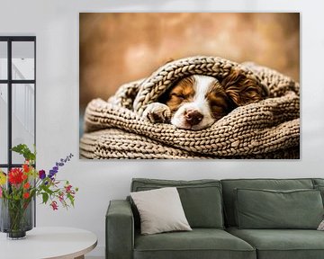 Sleeping puppy in knitted blanket by Imperial Art House