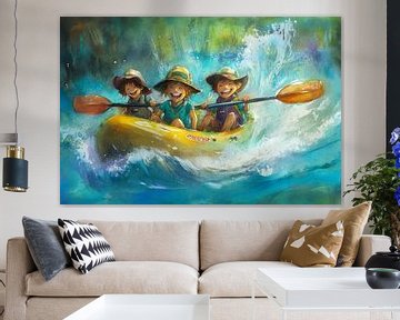 Kleurrijk schilderij van kinderen in een kano van Peter Pen tekeningen en schilderijen