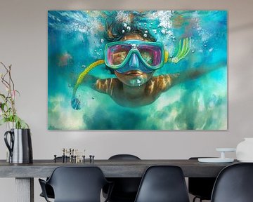 Schilderij van een kind dat zwemt met een snorkel en duikbril. van Peter Pen tekeningen en schilderijen