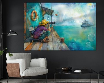 Schilderij van een jonge vrouw met een camera, met zicht op zee van Peter Pen tekeningen en schilderijen