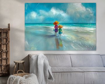 Schilderij met twee kinderen aan zee,  strandwandeling van Peter Pen tekeningen en schilderijen