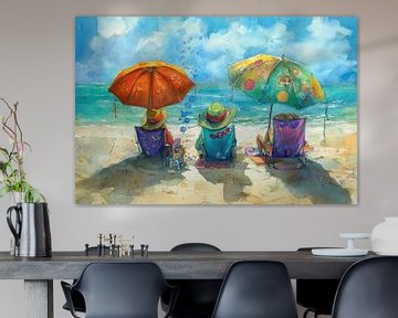 Schilderij van een zomers strand, met mensen op strandstoelen onder kleurrijke parasols van Peter Pen tekeningen en schilderijen