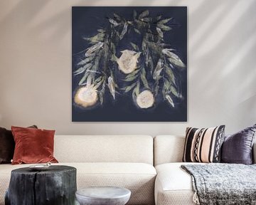 Ecoprint van twijgen op blauwhout achtergrond