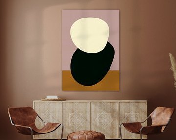 Abstracte ovalen in zwart en wit op roze en terra van Dina Dankers