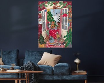 Poezen in het Raam met Besneeuwde Kerst in Heldere kleuren van Caroline Bonne Müller