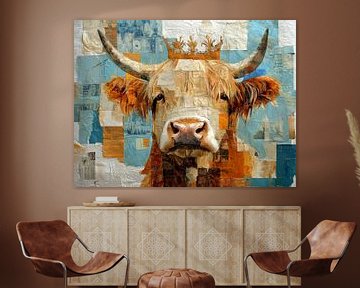 Koningin van de wei, Hooglander met kroontje in een mixed media stijl van Dutch Art Works