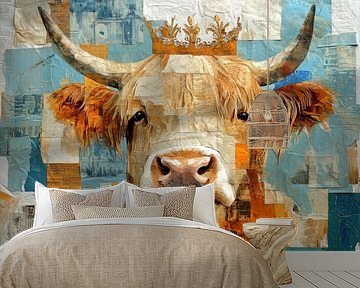 Königin der Wiese, Highlander mit Krone im Mixed-Media-Stil