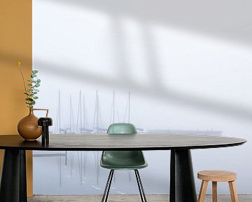 Boats in the fog Leekstermeer by Erika van der Veen