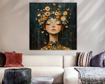 Bloemen Meisje | Vlinder Vrouw van Blikvanger Schilderijen