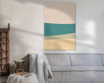 Abstract minimalistisch landschap in roze, petrol, zand en zacht geel