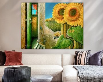 Die Arbeiter machen eine Pause in der Scheune zwischen den hohen Sonnenblumen.