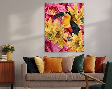Bird in Yellow and Pink Garden van Marja van den Hurk
