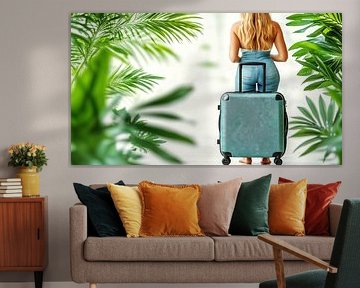 Blonde Touristin mit Koffer im Tropenparadies
