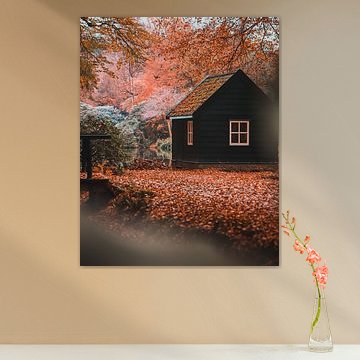 Serene pond hut in autumn forest