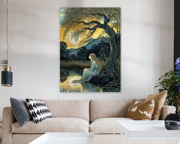 Femme au bord du lac sous un arbre sur MIROKKU