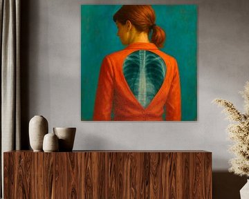 Röntgenfoto van rug – vrouw met rode blouse en roodbruin haar van Basahen