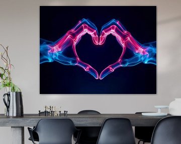 Röntgenbild von Händen in Herzform – Neonrosa und Blaulicht von Basahen