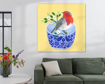 Roodborstje en blauwe kom van Isabelle Brent