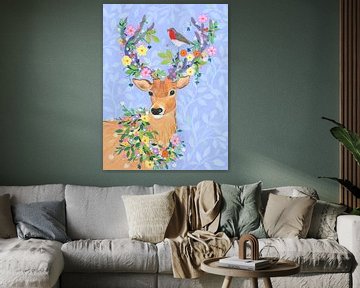 Hert met bloemengewei en vogel van Isabelle Brent