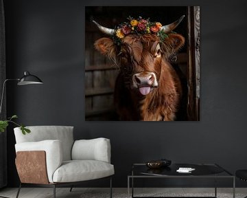 Met bloemen versierde koe poseert brutaal in de oude houten stal van MArt