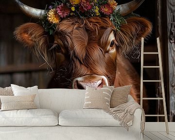 Blumengeschmücktes Rind posiert frech im alten Holzstall