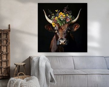 Bruin rund met prachtige bloemenkrans tegen zwarte achtergrond van MArt