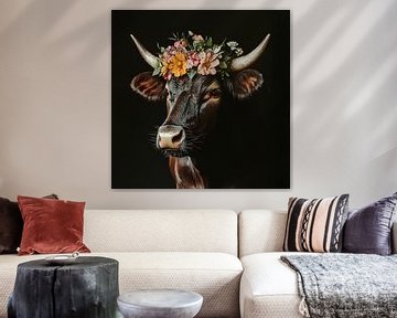 Koe met bloemenkroon en karakter - een moderne interpretatie van MArt